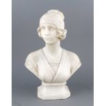 A. Michelotti, ital. Bildhauer um 1900, Büste einer jungen Frau, Alabaster, gesteckt aufseparatem
