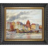 Unidentifizierter Maler um 1920, Ansicht eines städtischen Hafenbeckens, Öl/Lwd., u. li.undeutl.