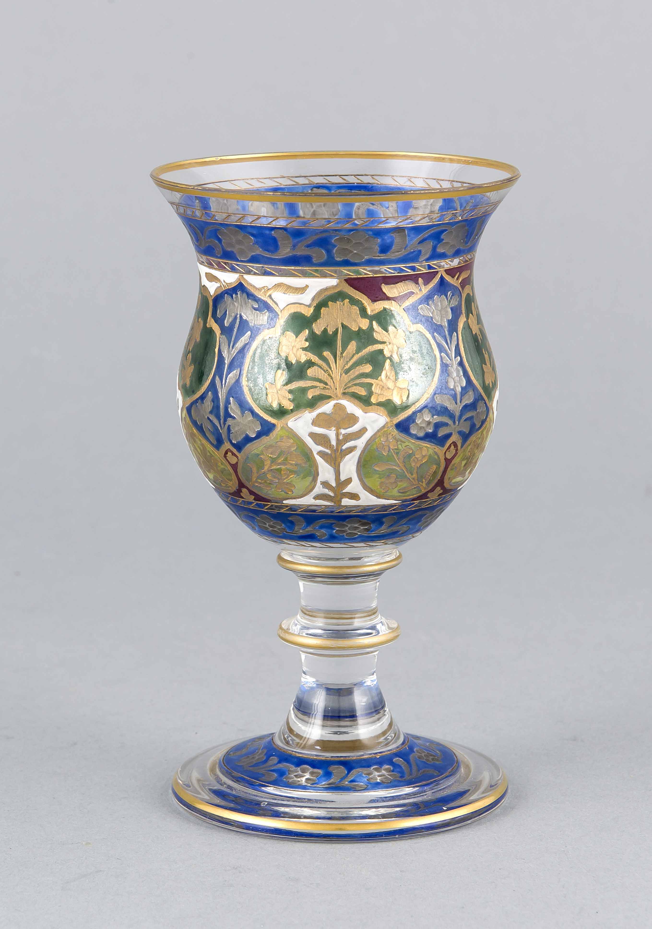 Kelchglas, Schlesien, um 1885, Fritz Heckert, Petersdorf, sog. Jodhpur-Glas, klares Glasmit