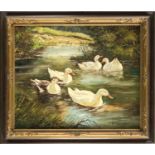 H. Riedmann, Maler Mitte 20. Jh., Enten auf einem Teich, Öl/Lwd., u. re. sign., 50 x 60cm, ger. 62 x
