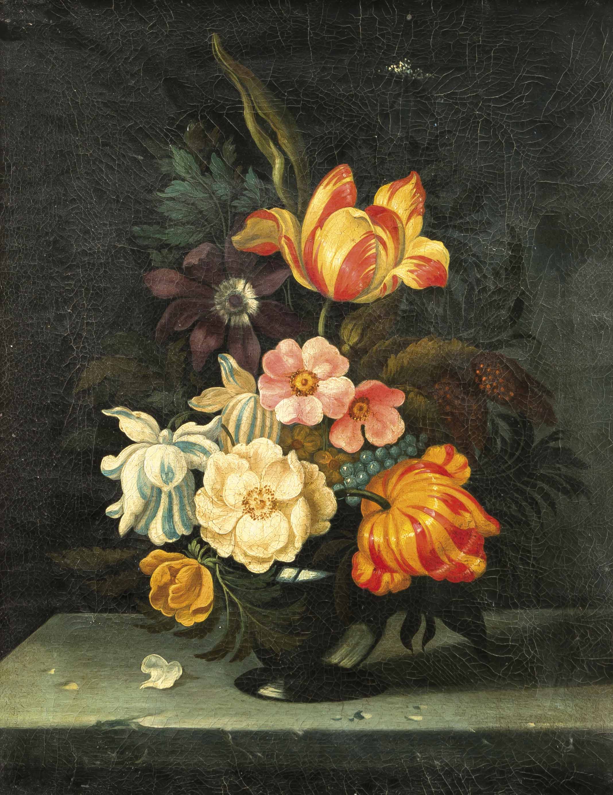 Anonymer Blumenmaler des 19. Jh., altmeisterliches Blumenstück im Stil des 17. Jh.,Öl/Lwd., unsign.,