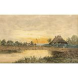 Louis Douzette (1834-1924), Landschaft mit Bauernkaten u. Figurenstaffage im Abendlicht,Aqaurell/