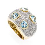 Blautopas-Brillant-Ring GG/WG 585/000 mit 4 fac. Blautopasherzen 6 mm und Brillanten, zus.0,30 ct