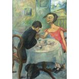 Grete Hart (1885-1971), junges Paar am Tisch, während der Mann sich zu einem Handkuss nachvorn