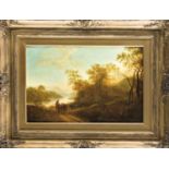 Landschaftsmaler um 1900, spätromantische Landschaft im Abendlicht mit Figurenstaffage,Öl/Lwd., 40 x