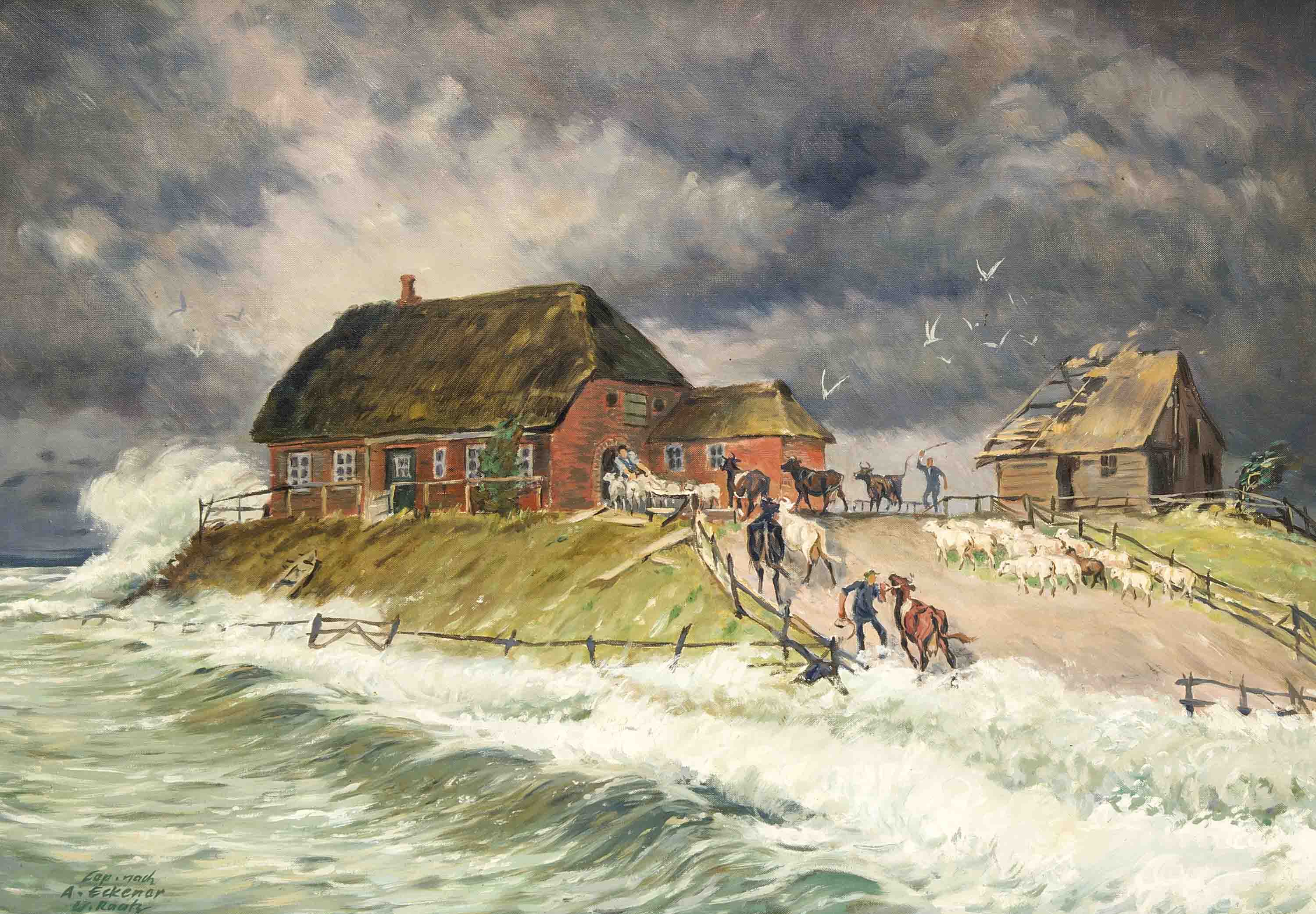 Alexander Eckener (1870-1944), Kopie nach, Sturmflut auf einer Hallig, Öl/Lwd., u. re.sign. u.