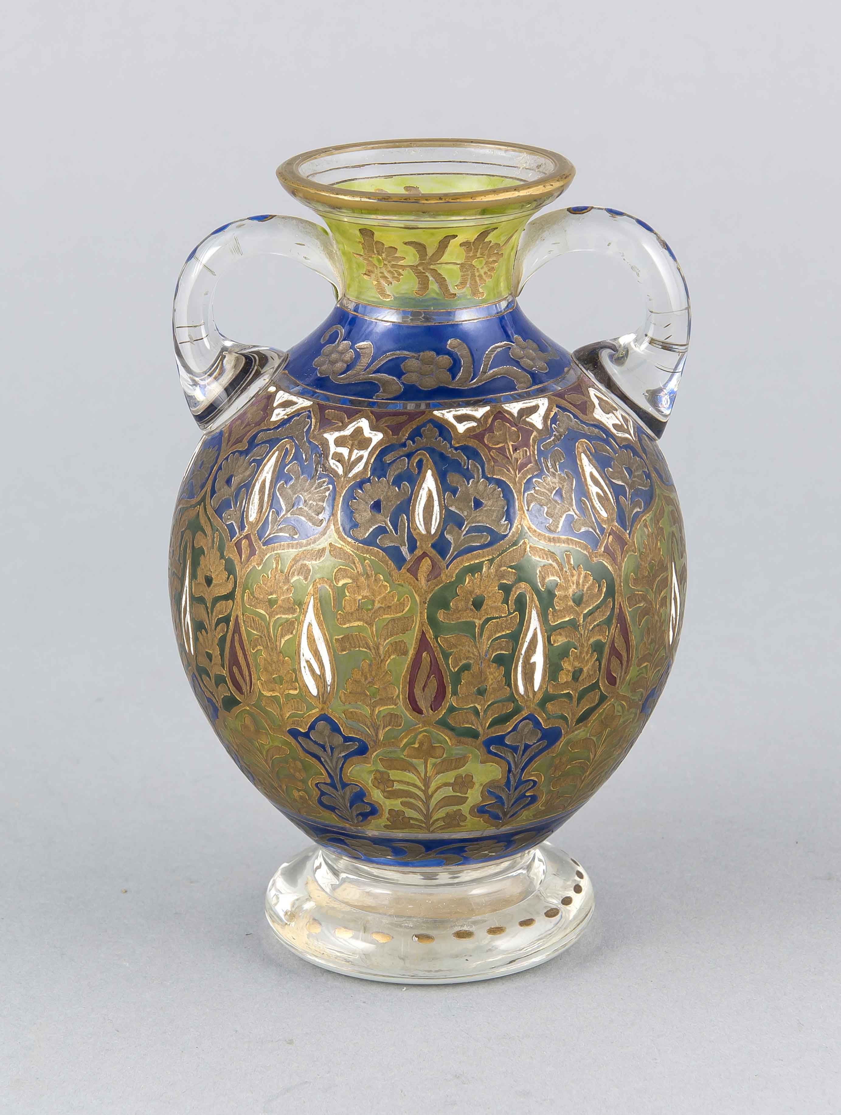 Ziervase, Schlesien, um 1885, Fritz Heckert, Petersdorf, sog. Jodhpur-Glas, klares Glasmit