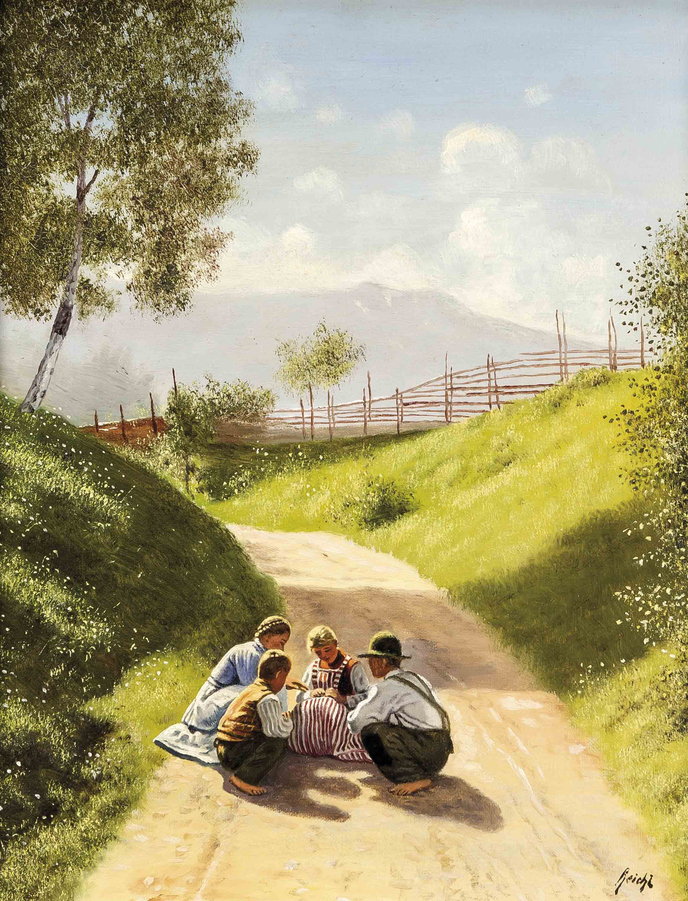 Alois Reichl (Wien 1864-?), sommerliche Alpenlandschaft mit spielenden Kindern auf einemvon