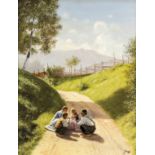 Alois Reichl (Wien 1864-?), sommerliche Alpenlandschaft mit spielenden Kindern auf einemvon