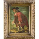 Unidentifizierter Maler um 1800, karikierte Figur eines Mannes am Gehstock mit einemGemälde unter