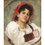 Sign. K. Heffner, Bildnismaler um 1910, Portrait einer jungen Italienerin mit rotemKopftuch im