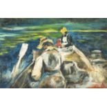 H. Bergé, frz. Impressionist um 1900, zwei Damen in einem Ruderboot, Öl/Holz, u. li.sign., 42,5 x 63