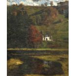 Unidentifizierter Maler um 1900, impressionistisch charakterisierte Landschaft mitbewaldetem Hang,
