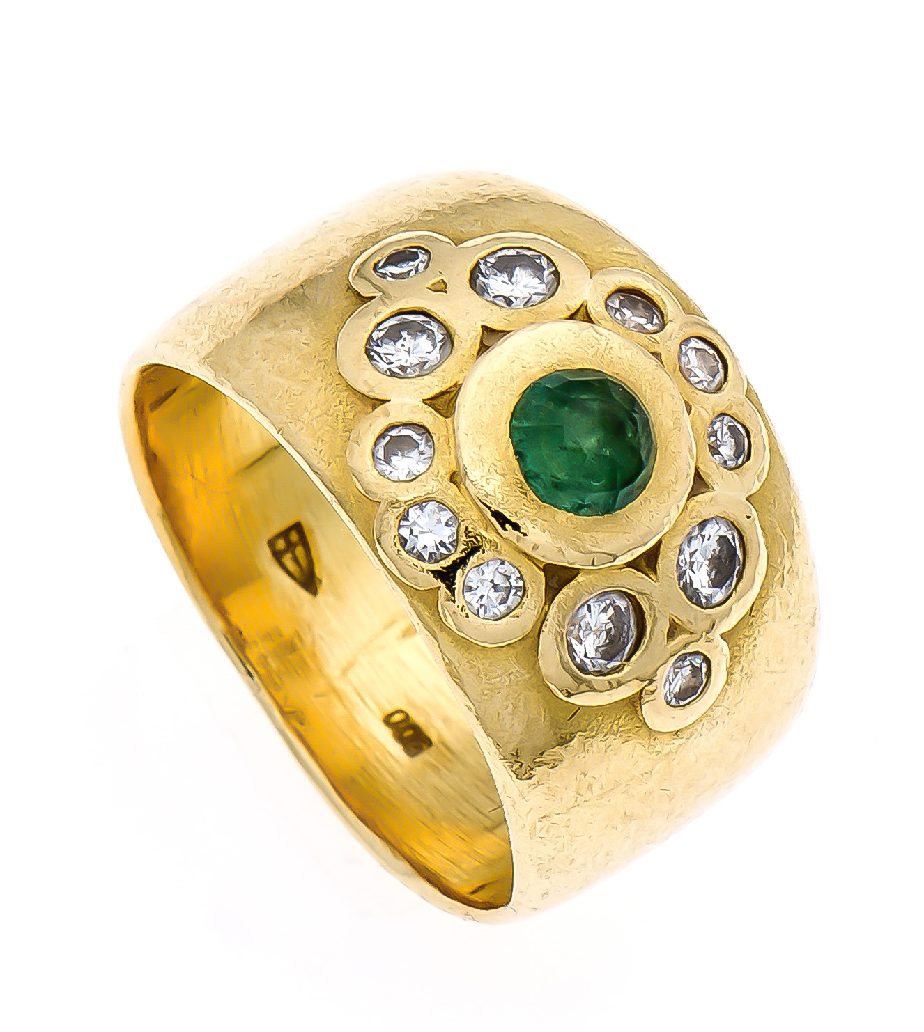 Smaragd-Altschliff-Diamant-Ring GG 900/000 mit einem feinen rund fac. Smaragd 3 mm in sehrguter
