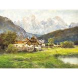 Unidentifizierter Maler 1. H. 20. Jh., alpines Dorf vor Gebirgsmassiv, Öl/Holz, u. re.unleserl.