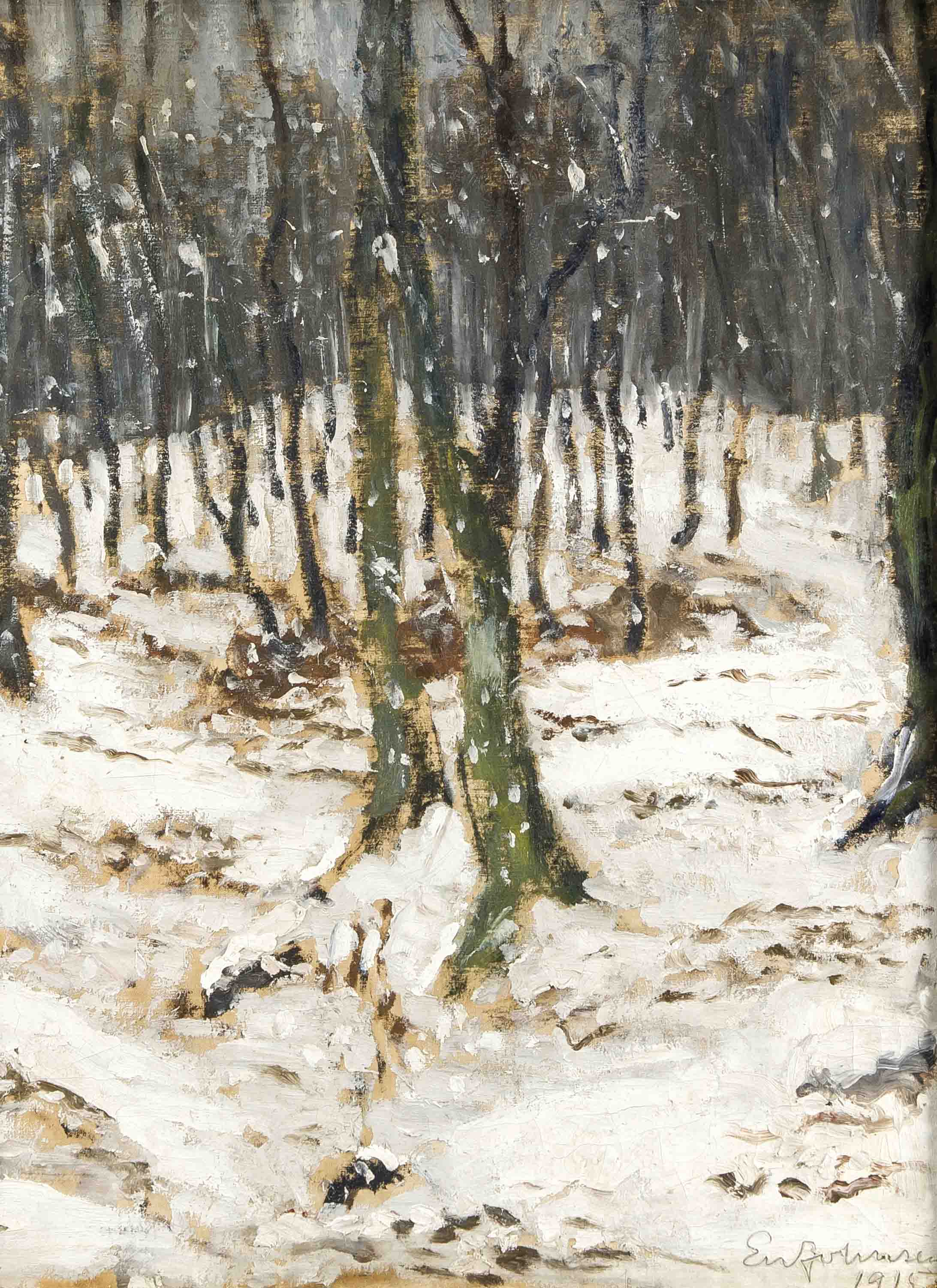 Unidentifizierter Maler um 1915, impressionistisches Waldstück im Winter unter Einbezugdes