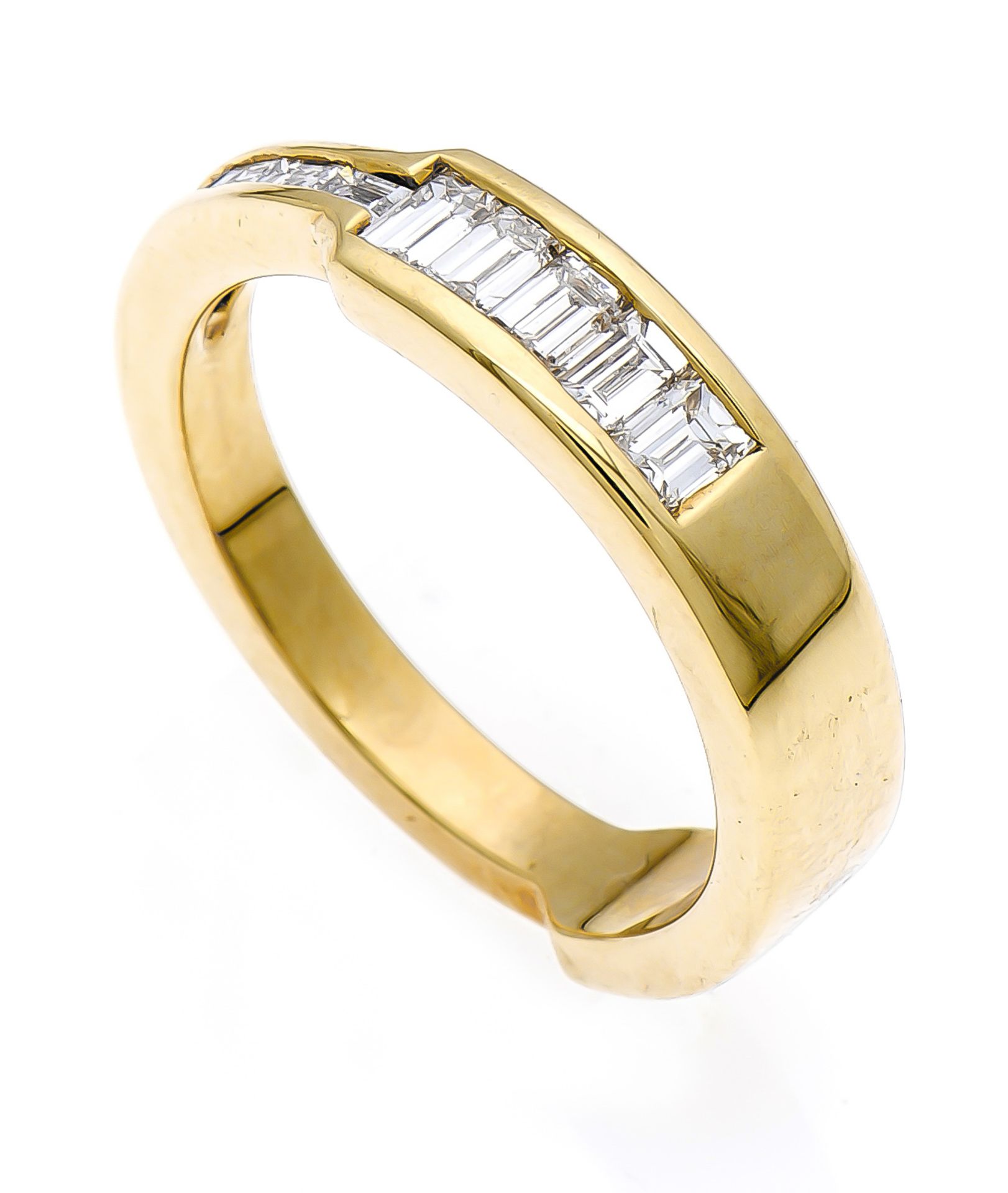 Brillant-Ring GG 750/000 mit Diamant-Baguettes, zus. 1,0 ct TW/lupenrein-VVS, RG 53, 5,5