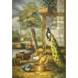 Sign. Hendall, Tiermaler Mitte 20. Jh., Hühnerhof mit einem Pfau u. Ausblick auf eineKirche, Öl/