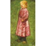 Anonymer Maler um 1900, Ganzfigur eines jungen Mädchens, Öl/Holz, u. re. getilgteSignatur, 60 x 34