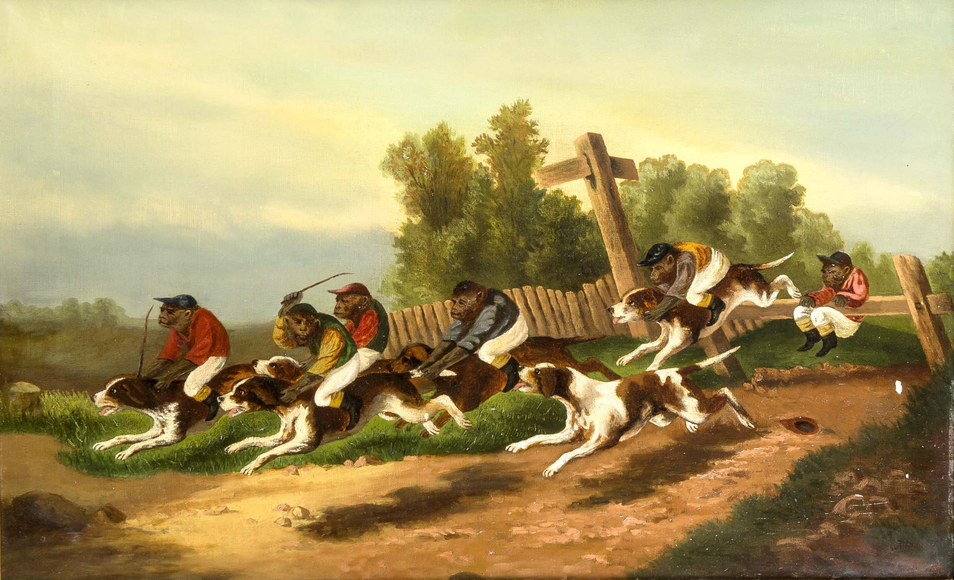 Vincent Devos (1829-1875), Kopie nach, Affen in Jockeydress reiten auf Beagles
