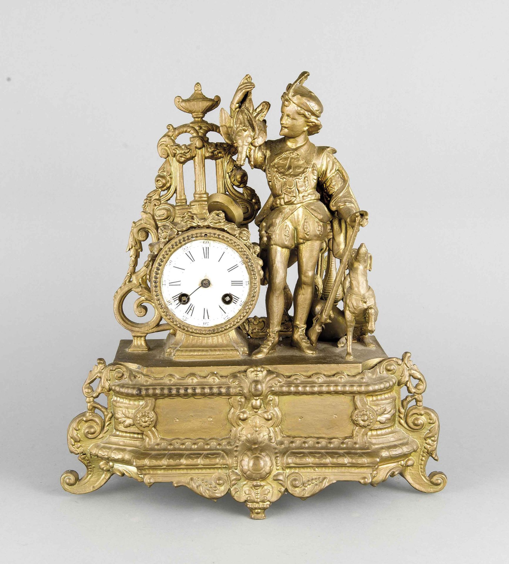 Jagdliche Figurenpendule, Frankreich Mitte 19. Jh., bronziertes Metallgussgehäuse mitvollplastischer