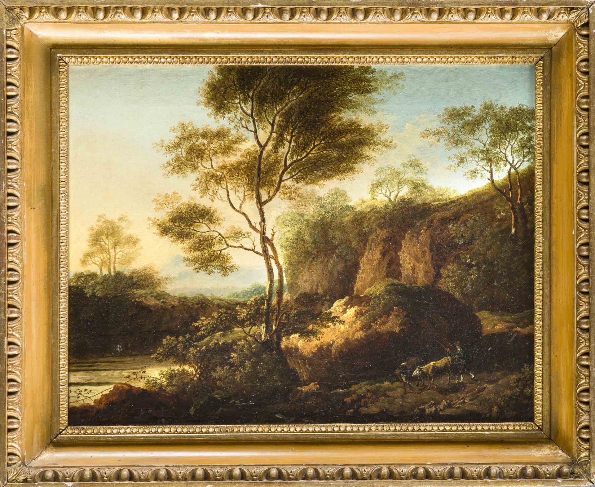 Unidentifizierter Maler Anfang 19. Jh., romantische pastorale Landschaft im Abendlicht mitHirte u.