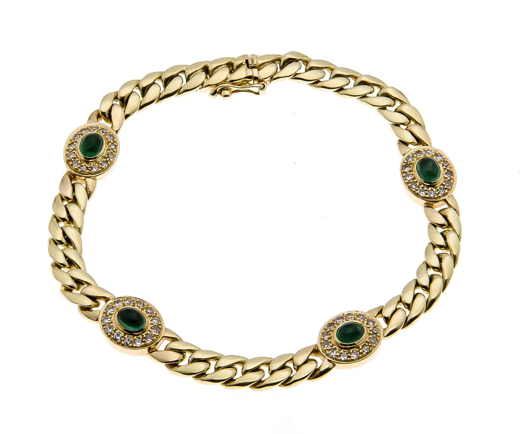 Smaragd-Brillant-Armband GG 750/000 mit 4 feinen ovalen Smaragdcabochons 5 x 3 mm, zus.1,27 ct in