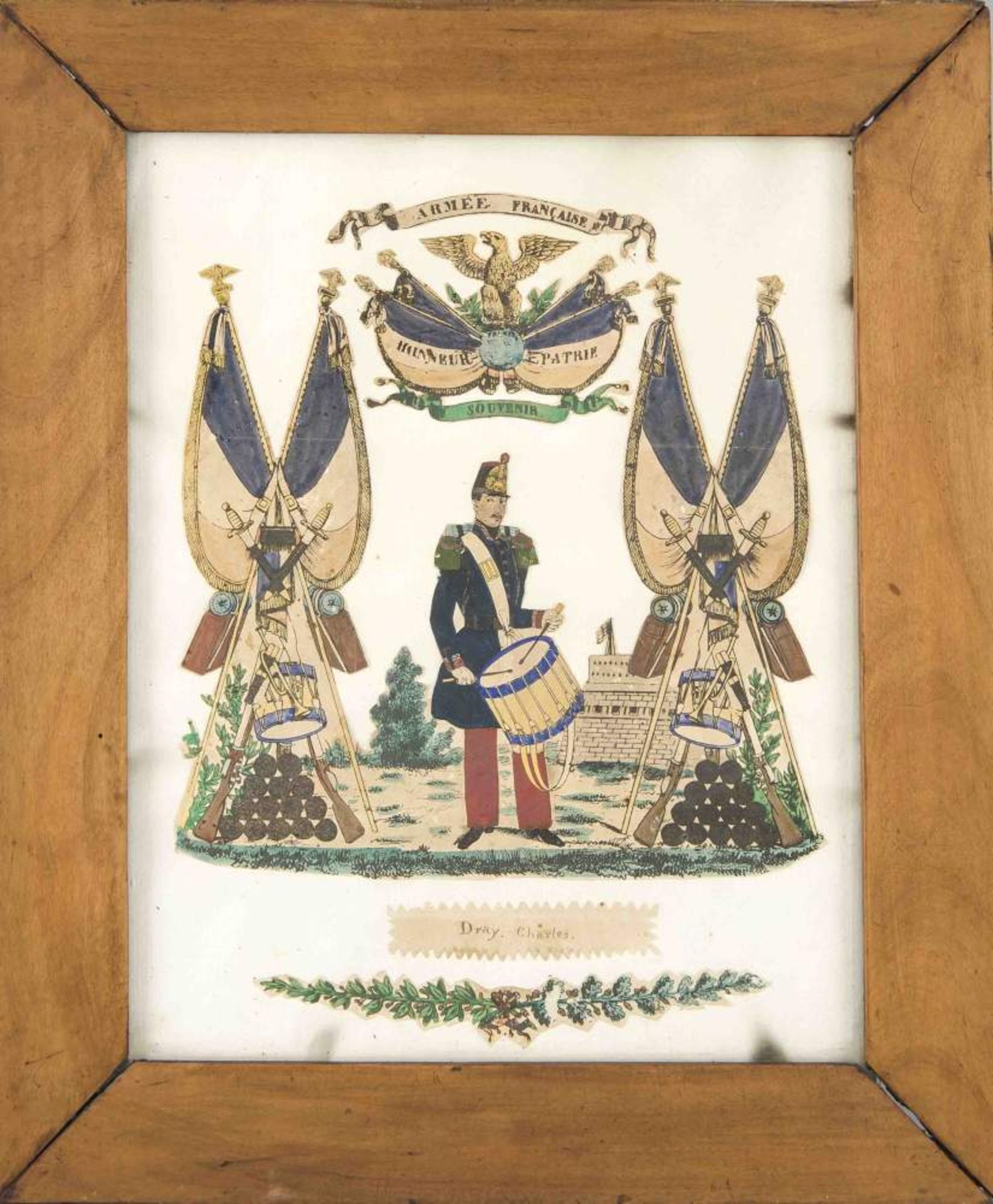 "Armée de Francaise", Collage, handcolorierter Stich aus dem 19. Jhdt. Bezeichnet "R.Drag. Charles