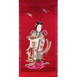 Großes chinesisches Rollbild 1. H. 20. Jh., Darstellung einer Dame mit Obstkorb, begleitetvon