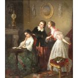 Anonymer Genremaler 2. H. 19. Jh., Interieur mit zwei Schwestern, die eine der älteren beider