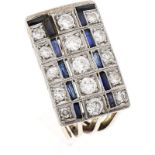 Saphir-Altschliff-Diamant-Ring GG/WG 585/000 mit 6 fac. Saphirbaguettes und 15Altschliff-