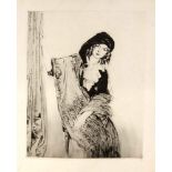 Frz. Grafiker um 1920, Bildnis eines jungen Frau mit ungehängtem Schal einen Vorhang zurSeite