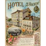 Werbeplakat Graz um 1920, 'Hotel 3 Hacken', Farblithographie von Leykam mit einer Ansichtdes Hotels,