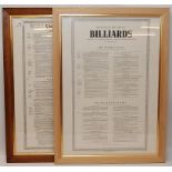 TWO FRAMED POSTERS, 'RULES FOR BILLIARDS