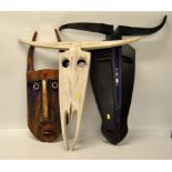 THREE HAND CRAFTED WOODEN MASKS, TWO STY