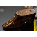 A WOODEN SNUFF BOX IN THE FORM OF A SHOE