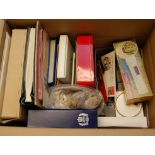 BOX OF VARIOUS IN ALBUM, STOCKBOOKS AND