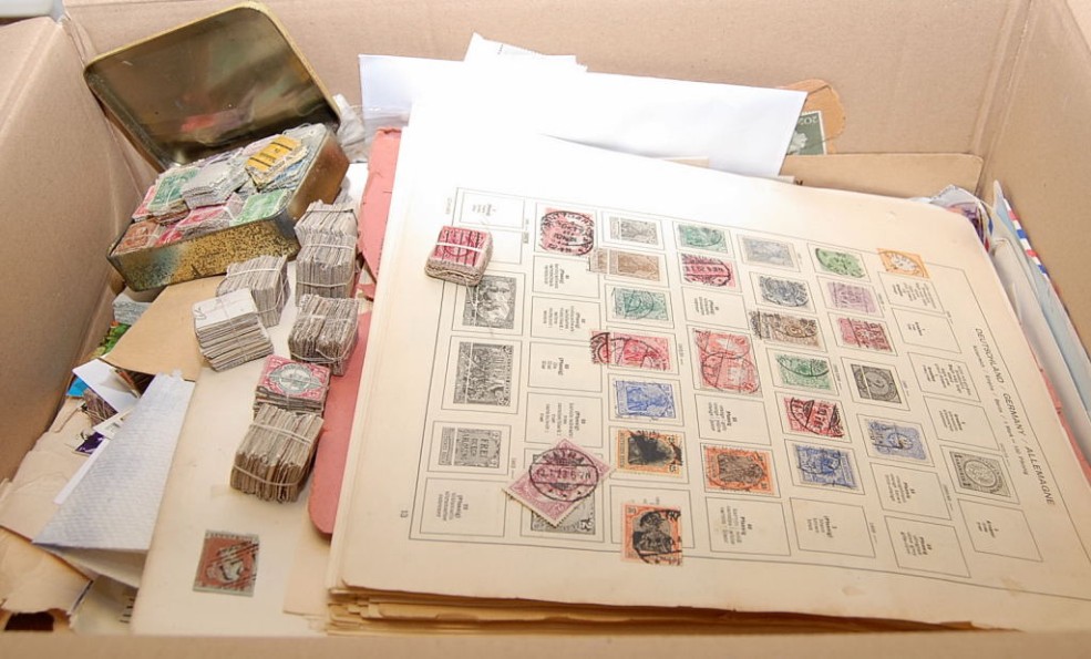LARGE BOX MIXED STAMPS ON LEAVES, LOOSE,