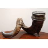 A LARGE PEWTER MOUNTED RAMS HORN INK STA