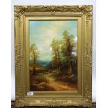 C19TH OIL ON CANVAS FIGURE ON A WOODLAND
