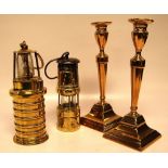 PAIR OF BRASS CANDLESTICKS AND 2 BRASS M