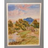 WATERCOLOUR "CATTLE AND FARMER WITH DOG