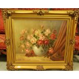 OIL ON CANVAS STILL LIFE IN GILT FRAME.