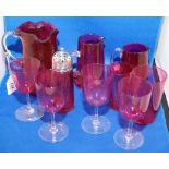 10 PIECES OF CRANBERRY GLASS, 3 JUGS, PL