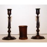 A PAIR OF EARLY OAK TURNED CANDLESTICKS