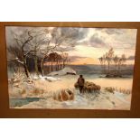 FRAMED WATER COLOUR, SHEEP IN SNOWY LAND