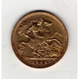 GB COINS: HALF SOVEREIGN, 1908 (S)