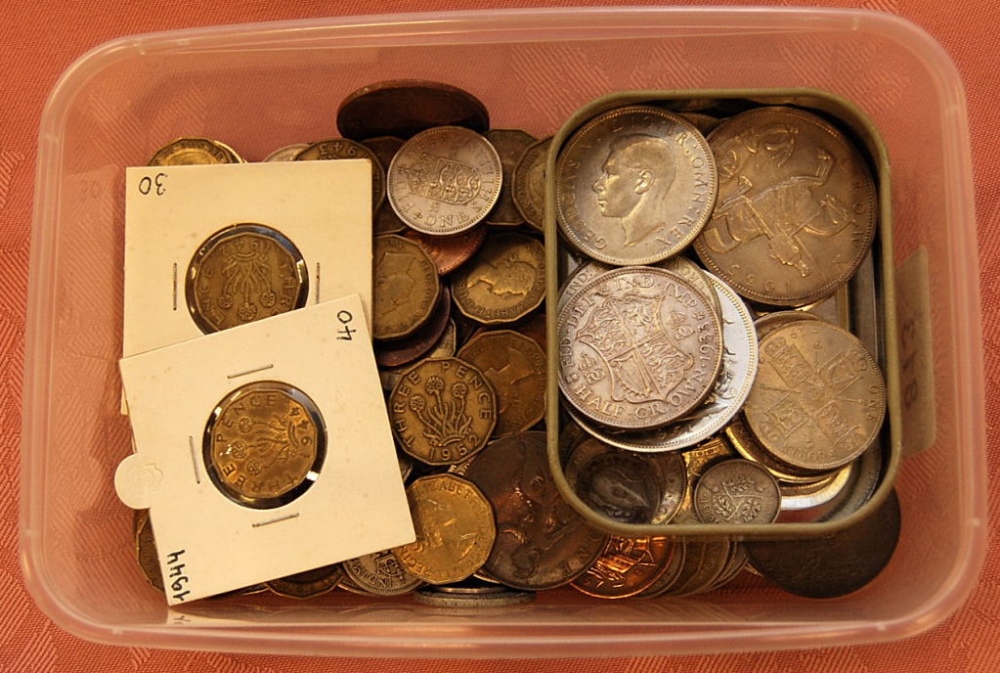 GB COINS: TUB OF MIXED WITH SOME SILVER,