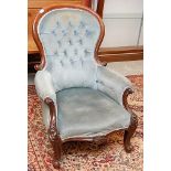 VICTORIAN WALNUT BUTTON BACK ARM CHAIR,