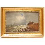 OIL, COASTAL SCENE WITH FIGURES OBSERVIN